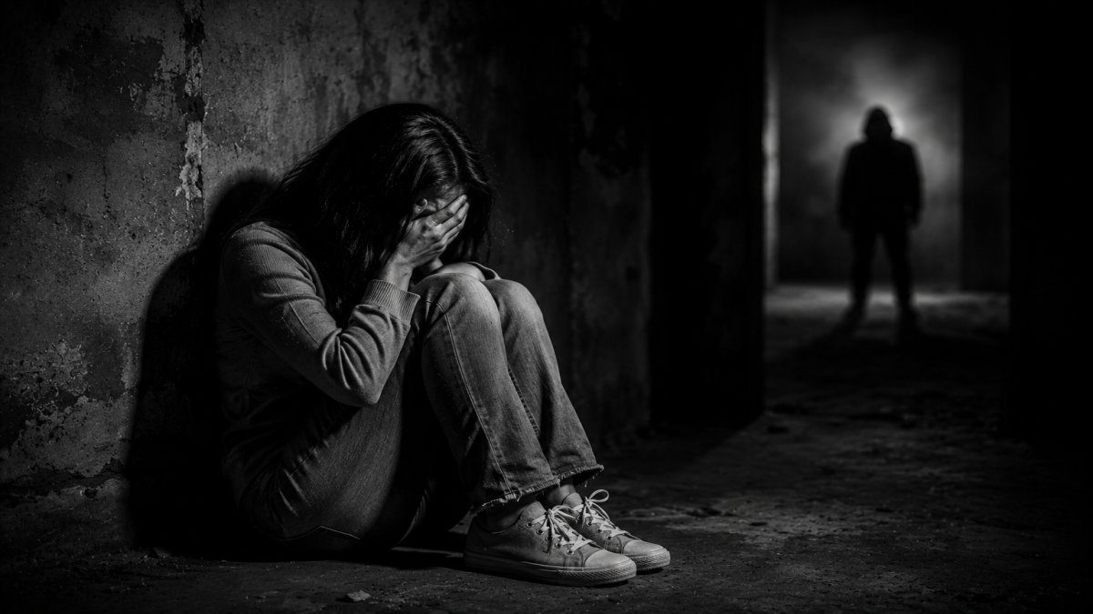 Persona llorando en un entorno oscuro con sensación de peligro