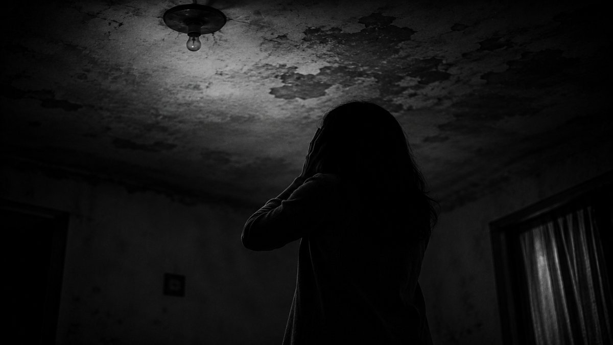 Una figura oscura escuchando un sonido inquietante desde el techo